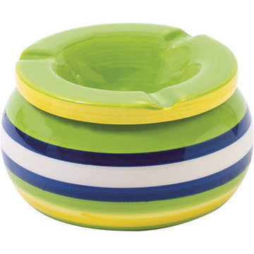 Pottery Green ,White and Blue Strips Ceramic Ashtray.