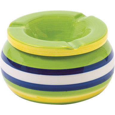 Pottery Green ,White and Blue Strips Ceramic Ashtray.