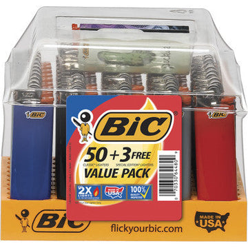 50Ct. Bic Regular Lighters + 3 Free Designer