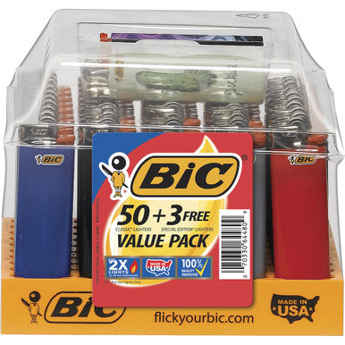 50Ct. Bic Regular Lighters + 3 Free Designer