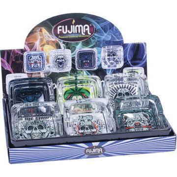 6ct. 4.5in Square Glass Ashtray - Skull Rebel