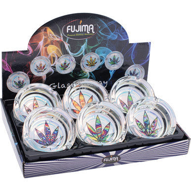 6ct. Round Shine Glass Ashtray - Trippy Leaf