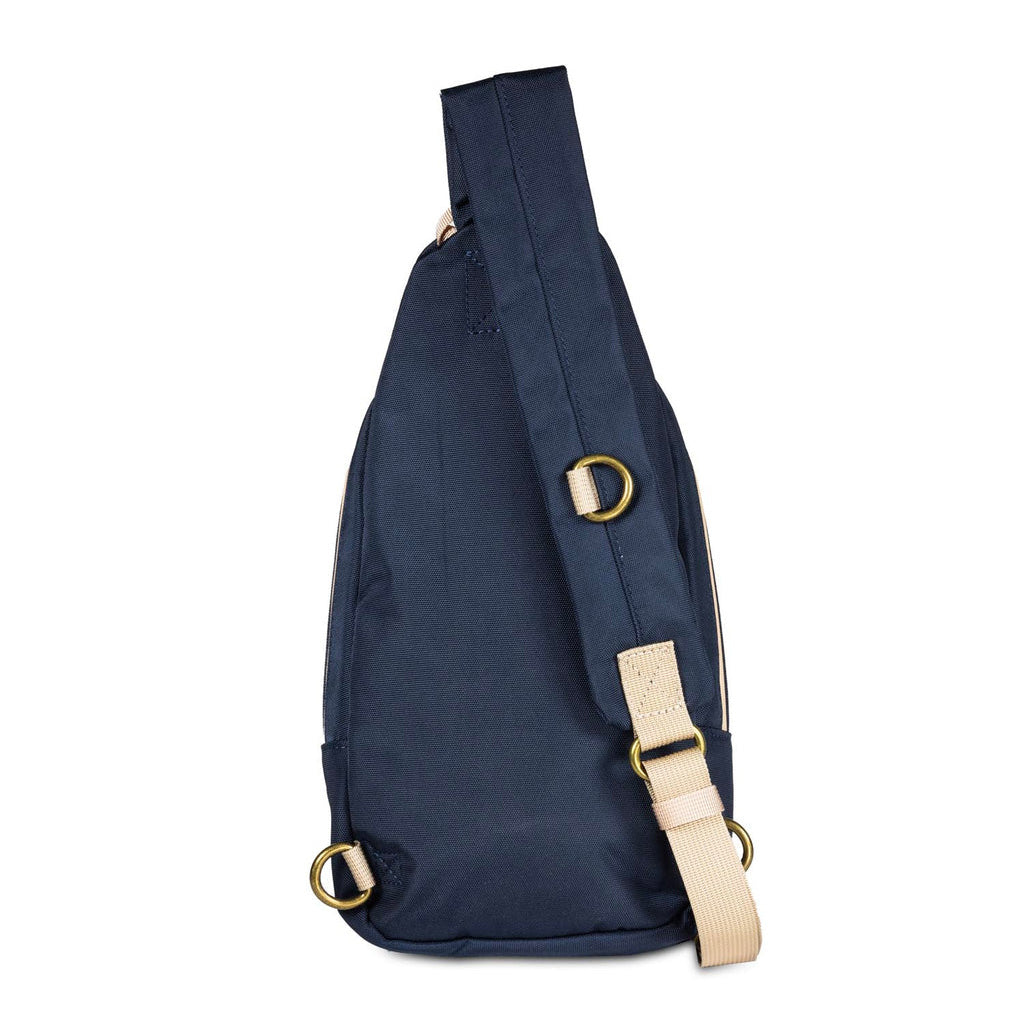 Close-up of the zipper detail on the navy blue Daytripper large smell proof crossbody bag, highlighting its quality.