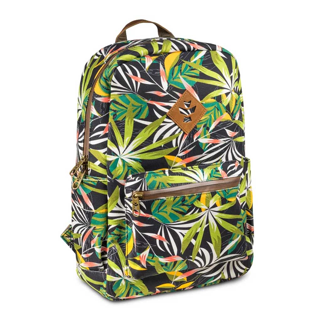 Front view of The Explorer Smell Proof Backpack, emphasizing the padded shoulder straps and overall ergonomic structure.