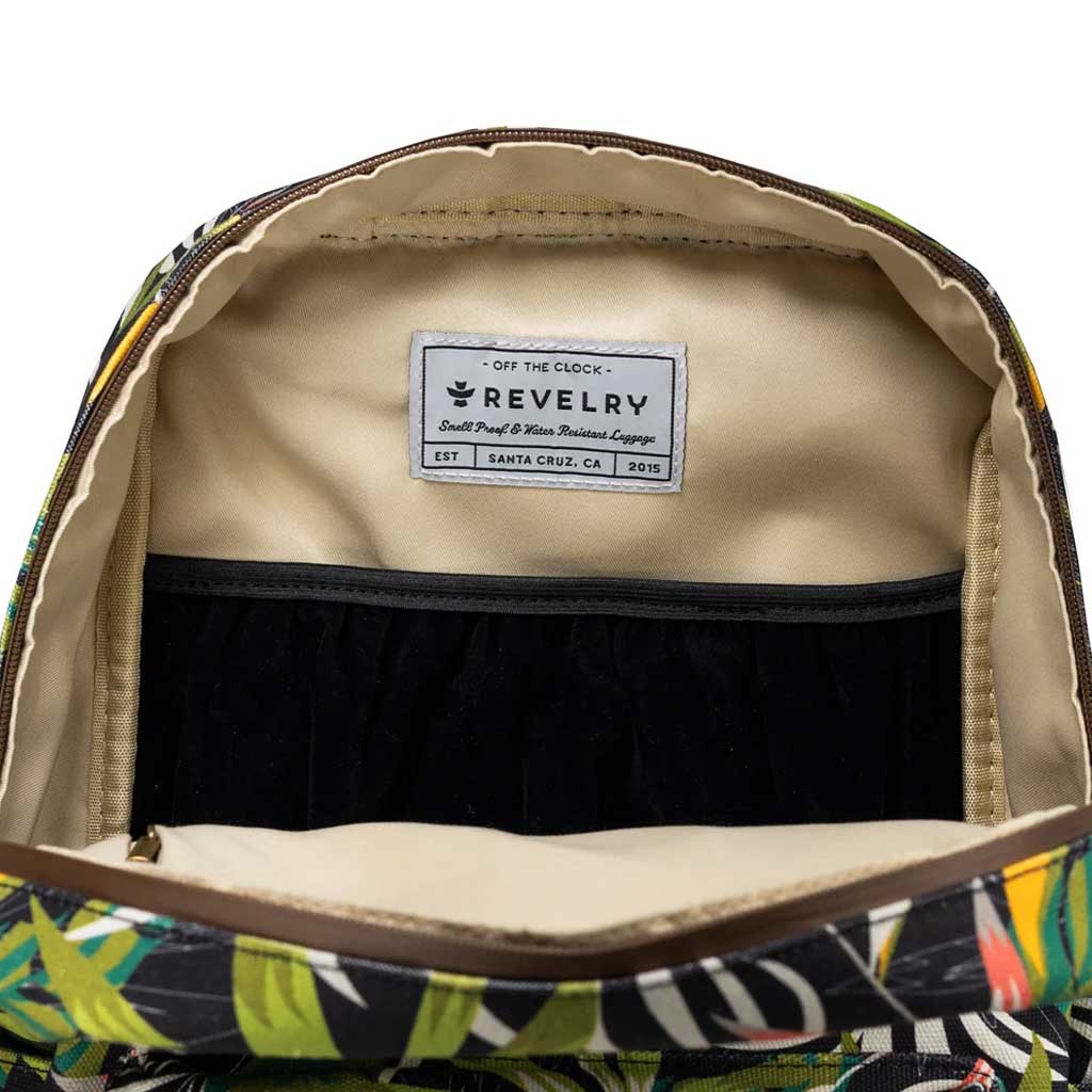 Close-up of the zipper area on The Explorer Smell Proof Backpack, highlighting quality stitching and design details.
