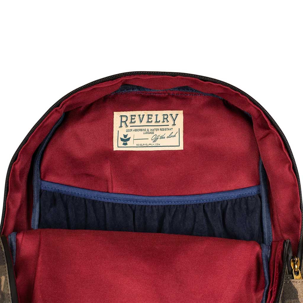 Close-up of the backpack's zipper and camo fabric texture, showing sturdy stitching details and quality finish.