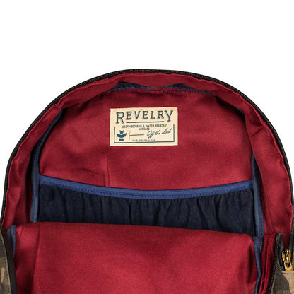 Close-up of the backpack's zipper and camo fabric texture, showing sturdy stitching details and quality finish.