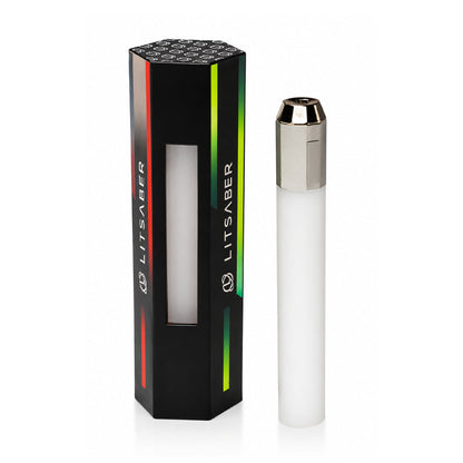 Litsaber OG silver interactive LED 510 battery in a side view showing charging port and power button.