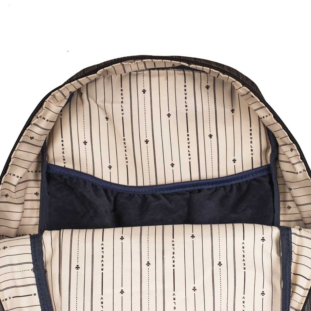 Top view of the navy blue Explorer smell proof backpack revealing the internal storage layout.