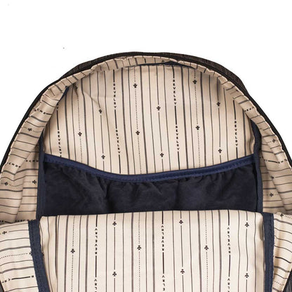Top view of the navy blue Explorer smell proof backpack revealing the internal storage layout.