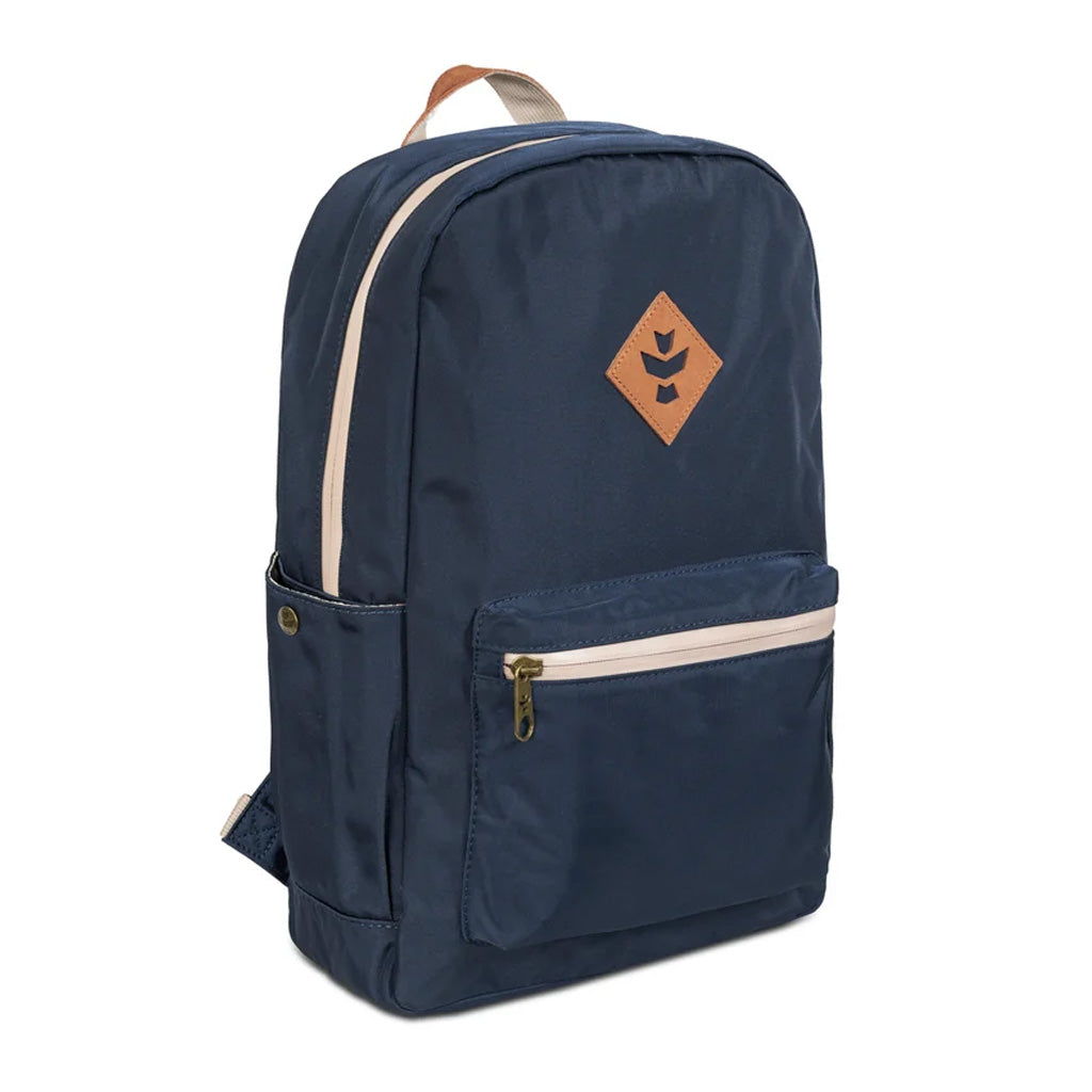 Front view of the navy blue Explorer smell proof backpack against a plain backdrop.