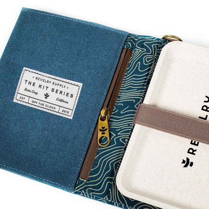Open view of the rolling kit showcasing the interior tools including a rolling tray and storage pouches in marine color.