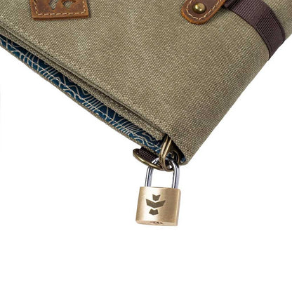 Close-up of the Revelry smell-proof rolling kit's interior, displaying the compartments for storage and tools.