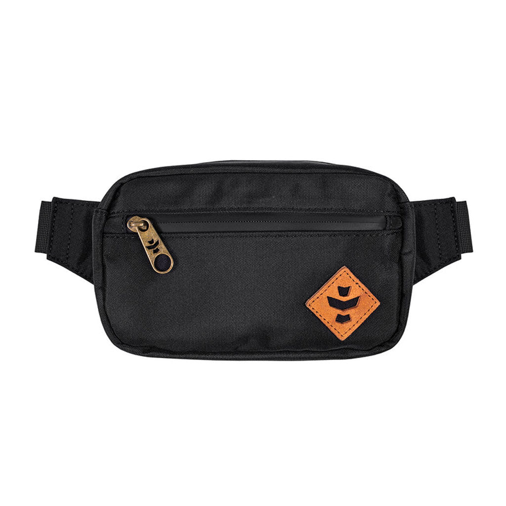 Black Revelry Companion smell proof crossbody bag, front view.