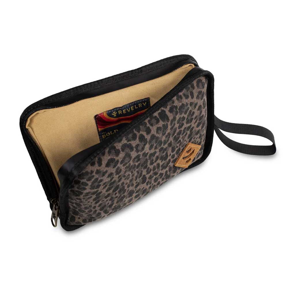 Leopard print Revelry Supply Gordo padded bubbler pouch laid flat to showcase design and details.