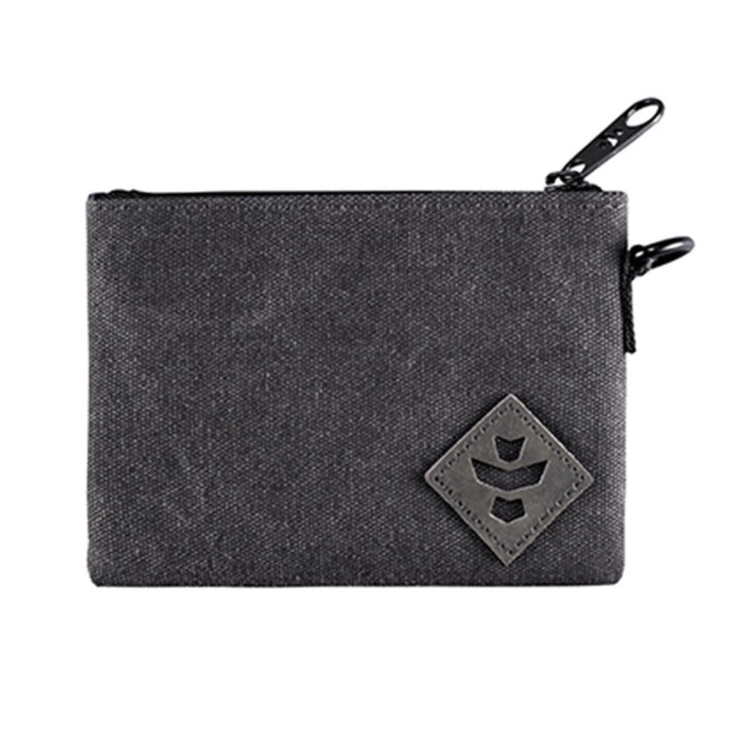 Black Revelry The Mini Broker Smell Proof Zippered Stash Bag with zipper and handle on a light background.