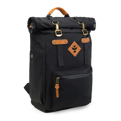 Black Revelry Supply Drifter Backpack pulled tight, emphasizing the smell-proof feature with a close-up view.