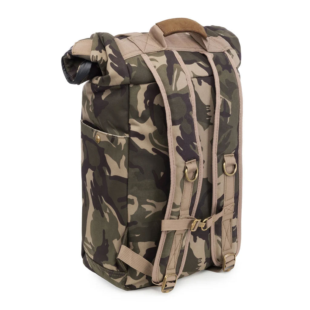 A camo Revelry Supply Drifter smell-proof rolltop backpack.