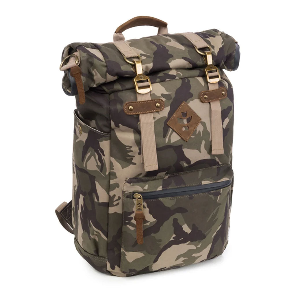 The Revelry Supply Drifter smell-proof rolltop backpack in a camo pattern.