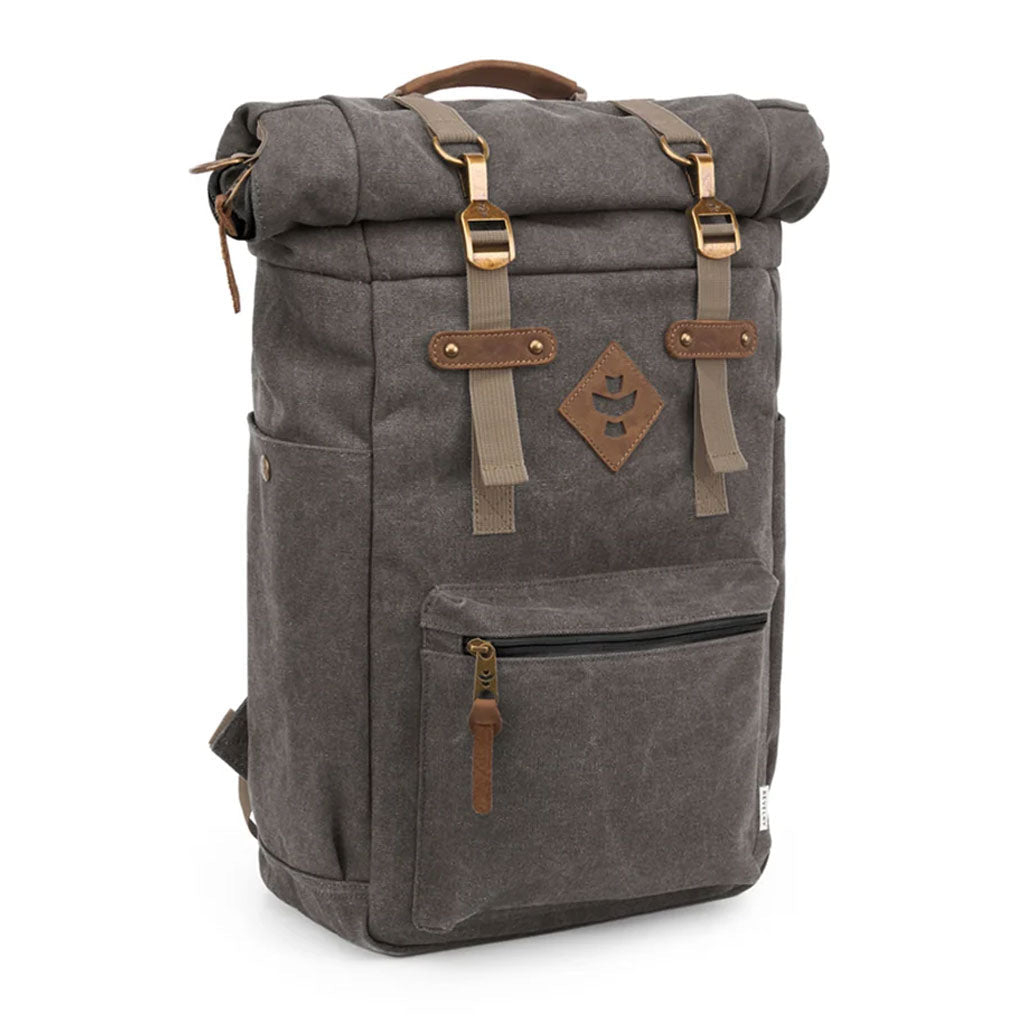 Back view of the Revelry Supply Drifter Smell-Proof Rolltop Backpack, showcasing the adjustable shoulder straps and padded back support.