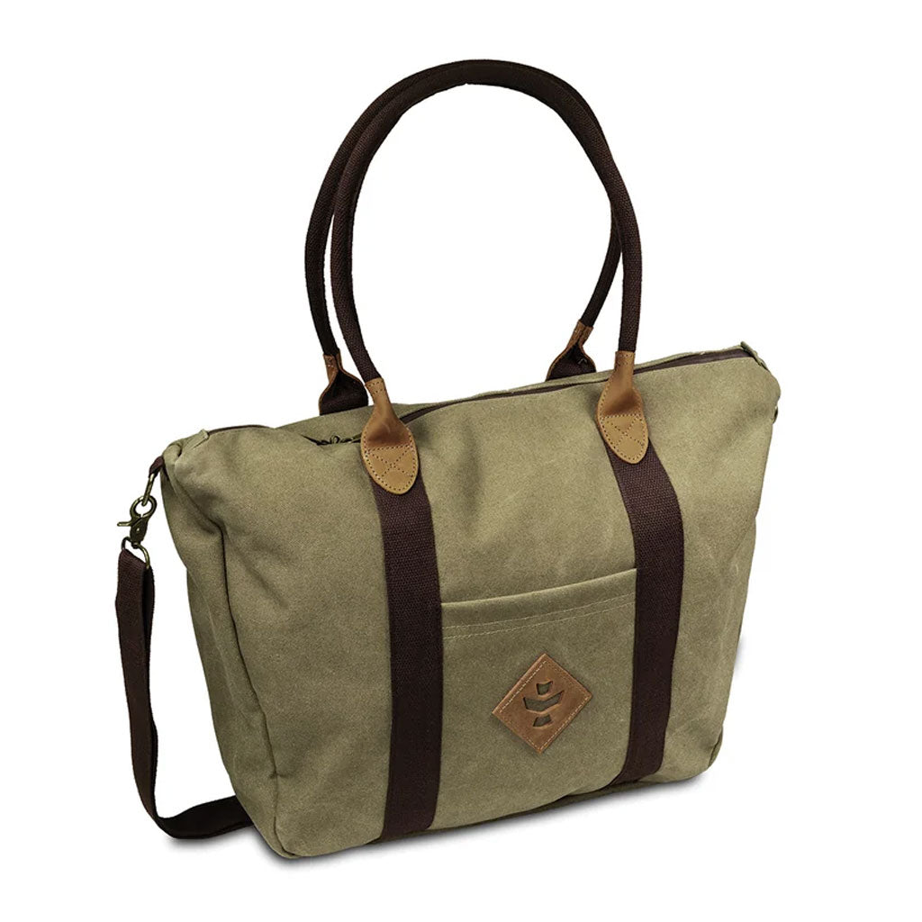 Sage Revelry Supply Sheila Smell-Proof Travel Tote placed in an outdoor setup, showing its practical design in use.