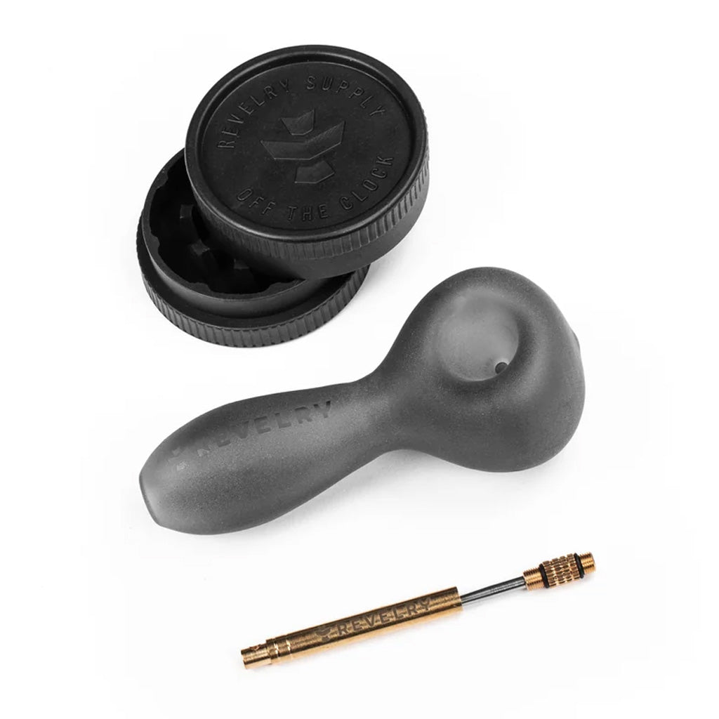 Open view of the black Revelry Supply Smell-Proof Pipe Kit showing its full interior and included accessories.