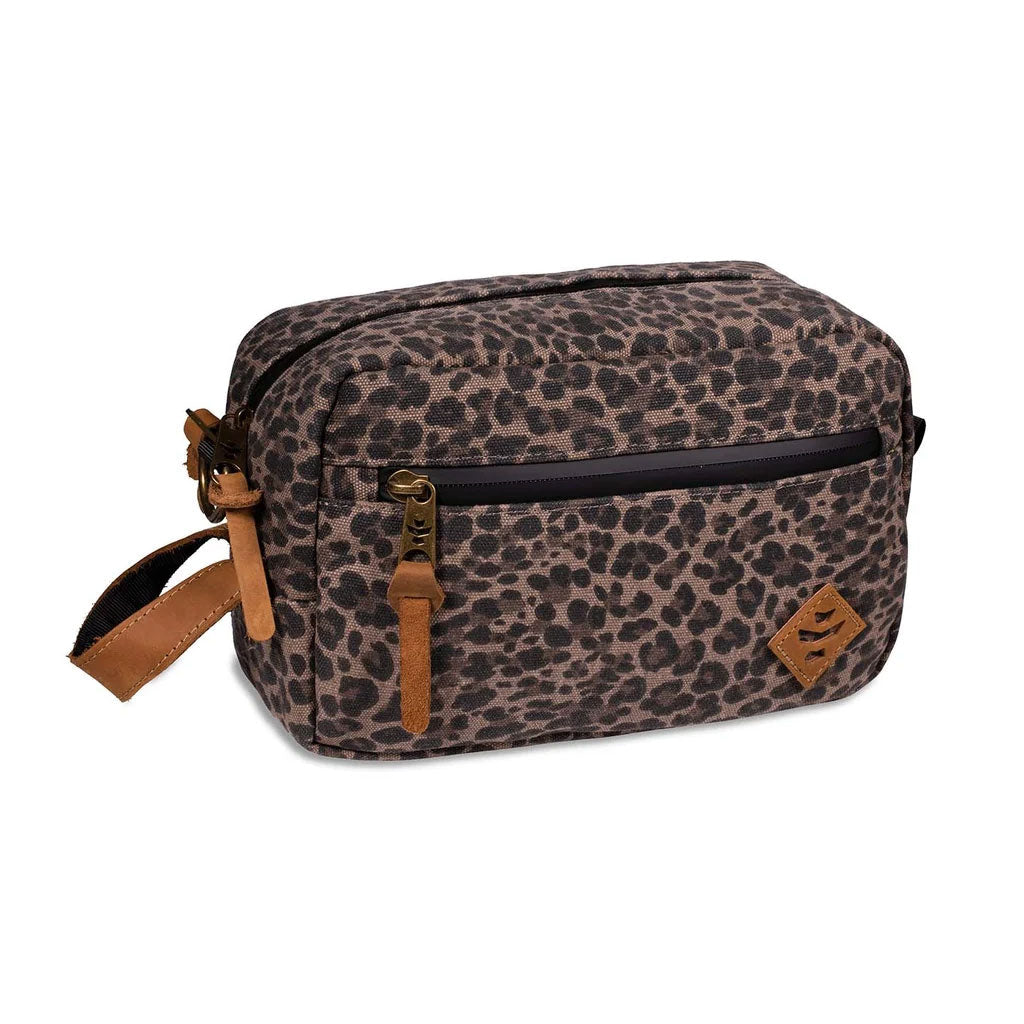 Revelry Supply Stowaway toiletry kit in leopard print, shown as a full product view.