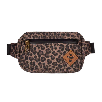 Revelry Supply The Companion smell proof crossbody bag in a leopard pattern.