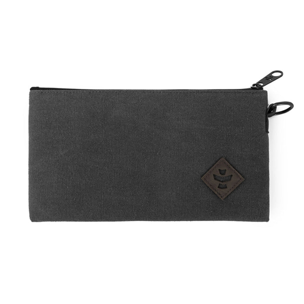 Back view of the black Revelry The Broker smell-proof stash bag showing the zipper and seams.