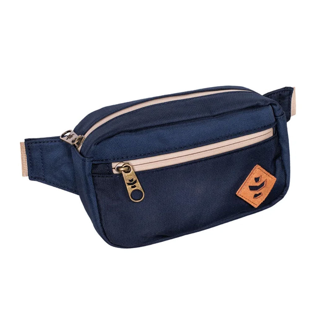Navy Blue Companion Smell Proof Crossbody Bag with an open zipper showcasing the interior organization.