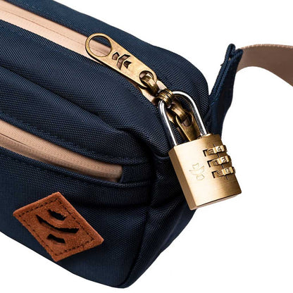 Close-up of the zipper compartment on the Navy Blue Companion Smell Proof Crossbody Bag.