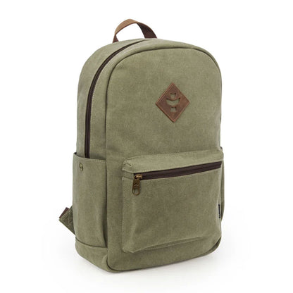 Sage Explorer Smell Proof Backpack laid flat on a surface, providing a full view of its exterior features and zippers.
