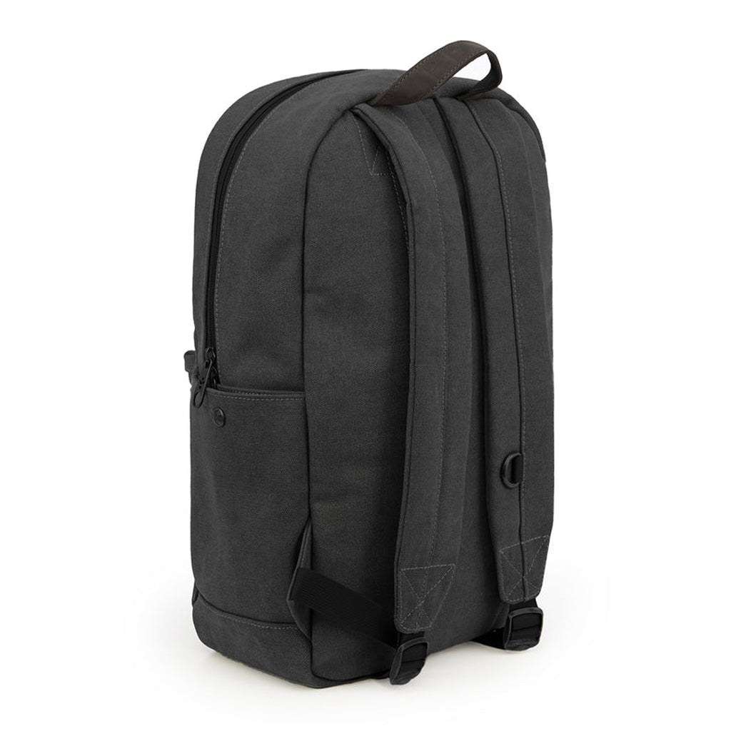 Side view of The Explorer Smell Proof Backpack in Smoke color, highlighting adjustable straps and logo patch.
