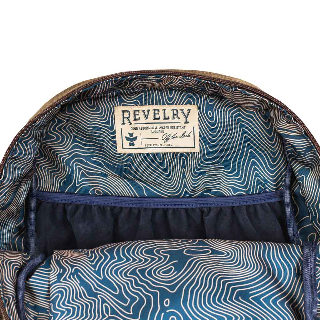 Open Sage Explorer Smell Proof Backpack displaying its interior pockets and layout, ideal for organizing items securely.